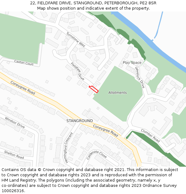 22, FIELDFARE DRIVE, STANGROUND, PETERBOROUGH, PE2 8SR: Location map and indicative extent of plot