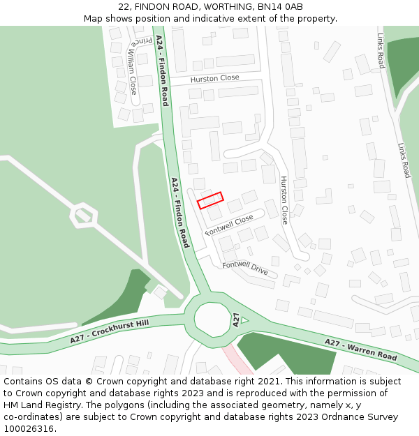 22, FINDON ROAD, WORTHING, BN14 0AB: Location map and indicative extent of plot