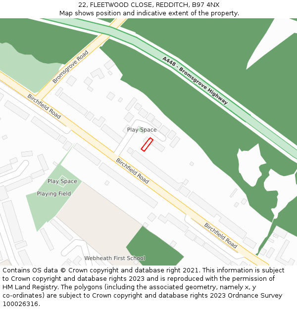 22, FLEETWOOD CLOSE, REDDITCH, B97 4NX: Location map and indicative extent of plot