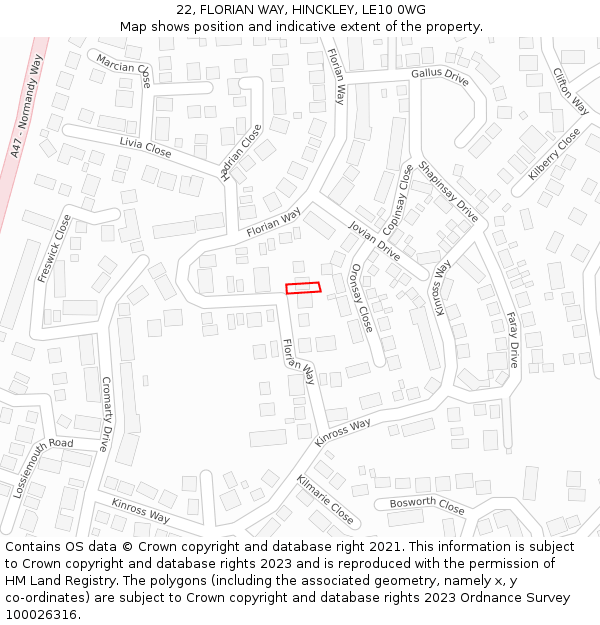22, FLORIAN WAY, HINCKLEY, LE10 0WG: Location map and indicative extent of plot