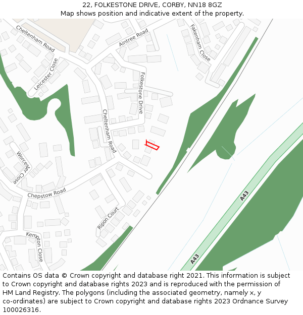 22, FOLKESTONE DRIVE, CORBY, NN18 8GZ: Location map and indicative extent of plot