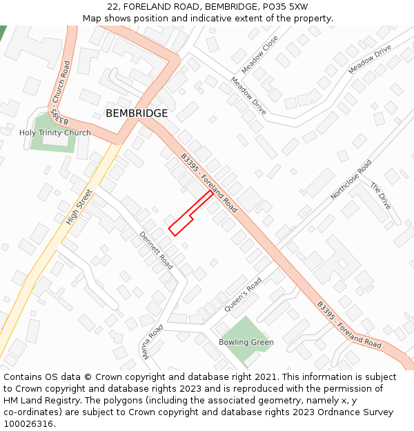 22, FORELAND ROAD, BEMBRIDGE, PO35 5XW: Location map and indicative extent of plot