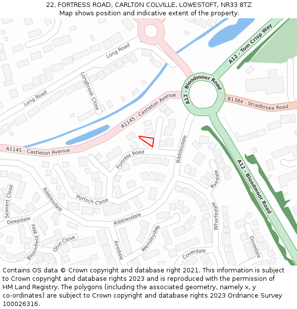 22, FORTRESS ROAD, CARLTON COLVILLE, LOWESTOFT, NR33 8TZ: Location map and indicative extent of plot