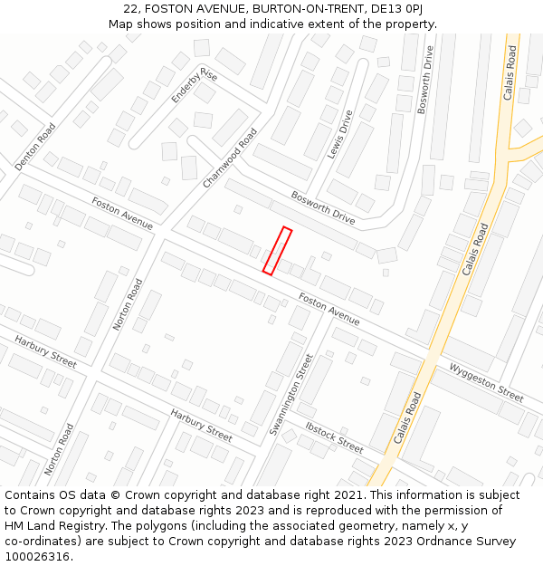22, FOSTON AVENUE, BURTON-ON-TRENT, DE13 0PJ: Location map and indicative extent of plot