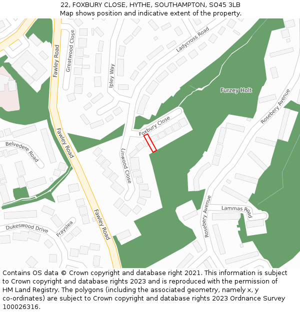 22, FOXBURY CLOSE, HYTHE, SOUTHAMPTON, SO45 3LB: Location map and indicative extent of plot