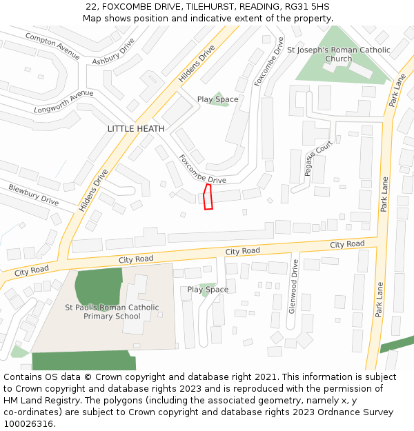 22, FOXCOMBE DRIVE, TILEHURST, READING, RG31 5HS: Location map and indicative extent of plot