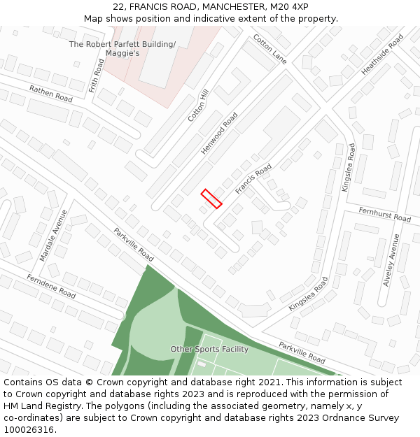 22, FRANCIS ROAD, MANCHESTER, M20 4XP: Location map and indicative extent of plot