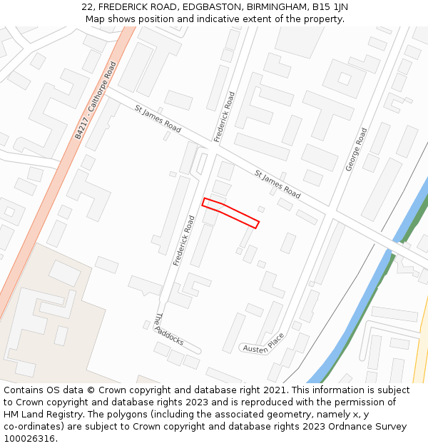 22, FREDERICK ROAD, EDGBASTON, BIRMINGHAM, B15 1JN: Location map and indicative extent of plot