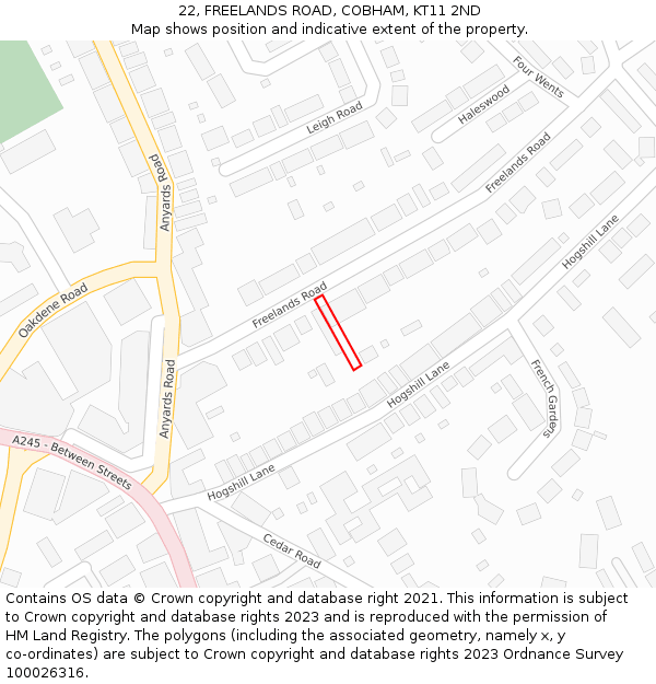 22, FREELANDS ROAD, COBHAM, KT11 2ND: Location map and indicative extent of plot