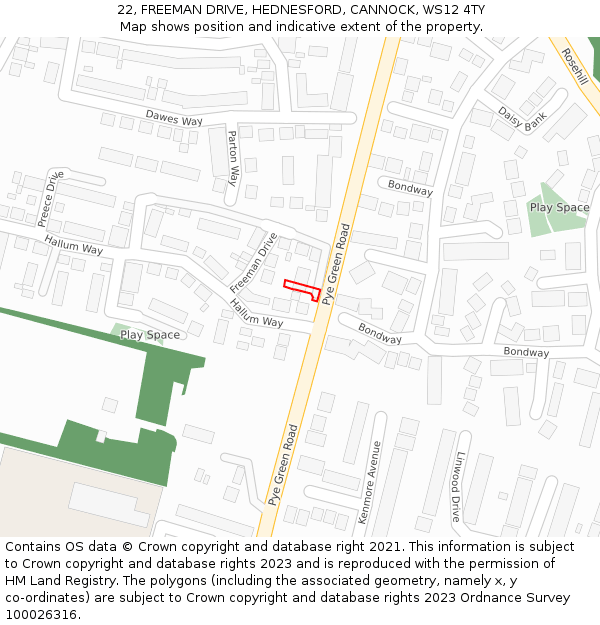 22, FREEMAN DRIVE, HEDNESFORD, CANNOCK, WS12 4TY: Location map and indicative extent of plot