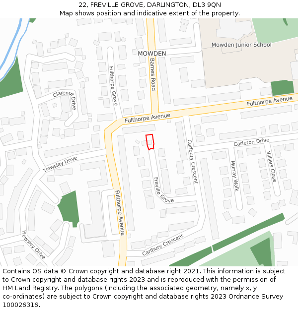 22, FREVILLE GROVE, DARLINGTON, DL3 9QN: Location map and indicative extent of plot