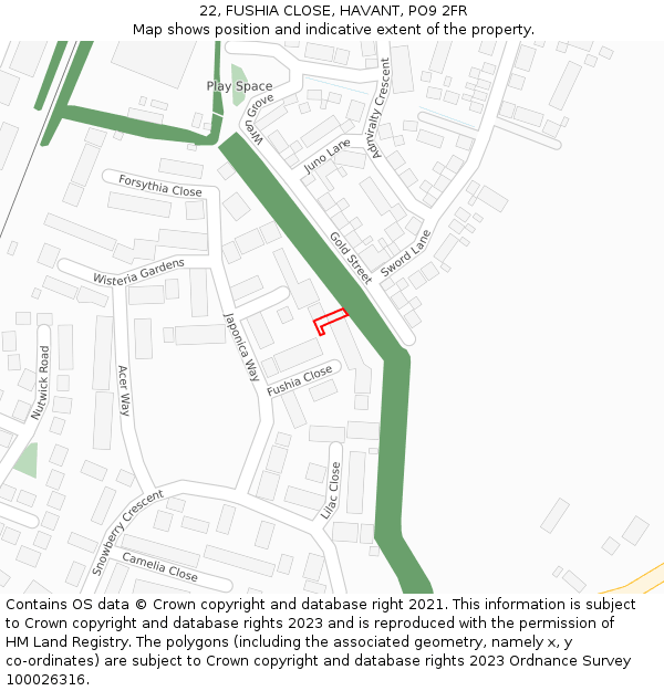 22, FUSHIA CLOSE, HAVANT, PO9 2FR: Location map and indicative extent of plot