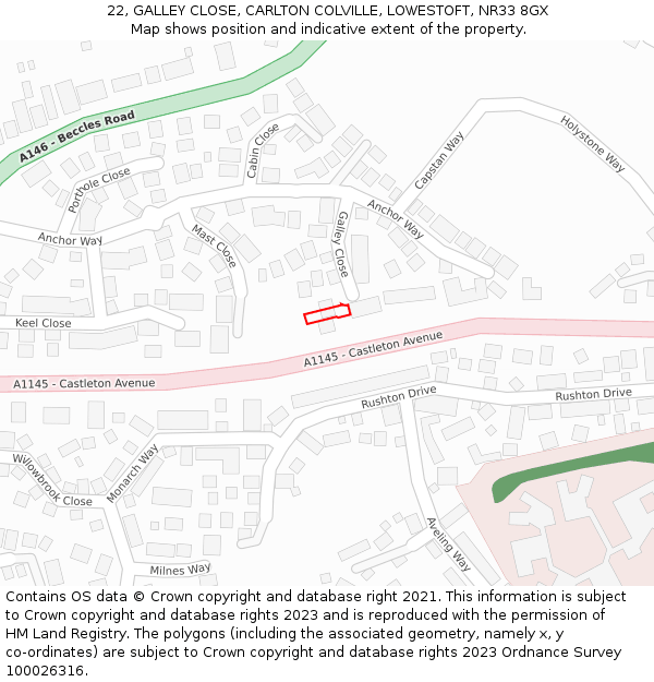 22, GALLEY CLOSE, CARLTON COLVILLE, LOWESTOFT, NR33 8GX: Location map and indicative extent of plot