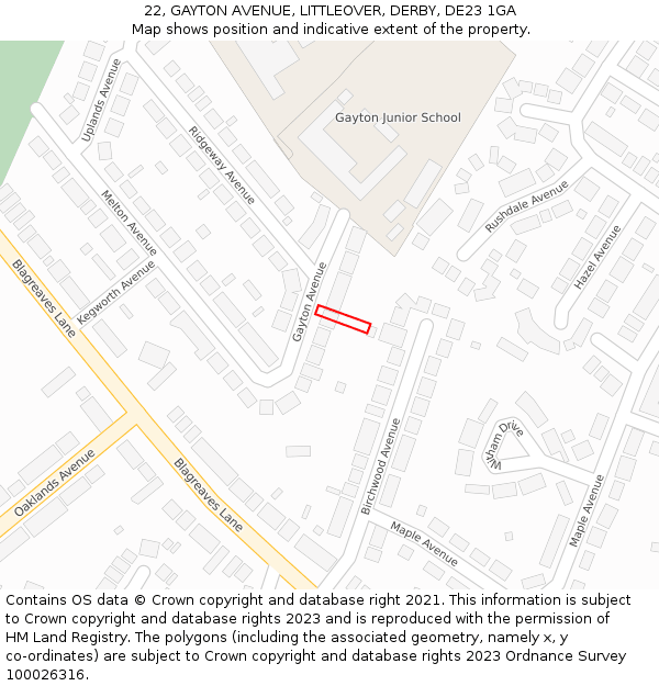 22, GAYTON AVENUE, LITTLEOVER, DERBY, DE23 1GA: Location map and indicative extent of plot