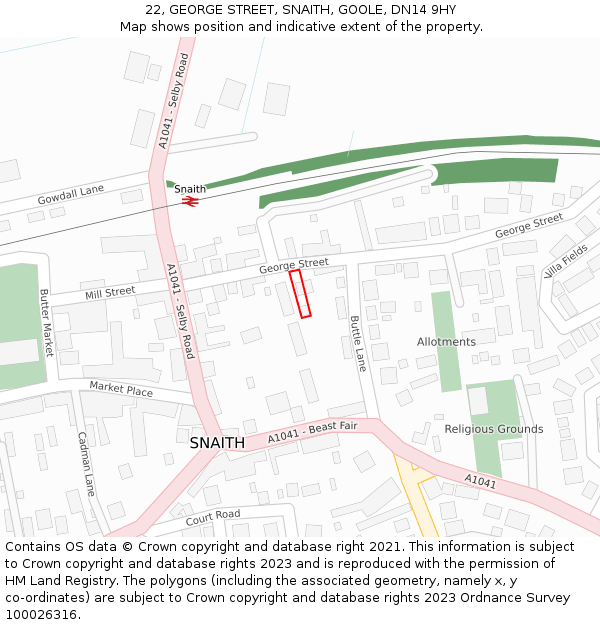 22, GEORGE STREET, SNAITH, GOOLE, DN14 9HY: Location map and indicative extent of plot