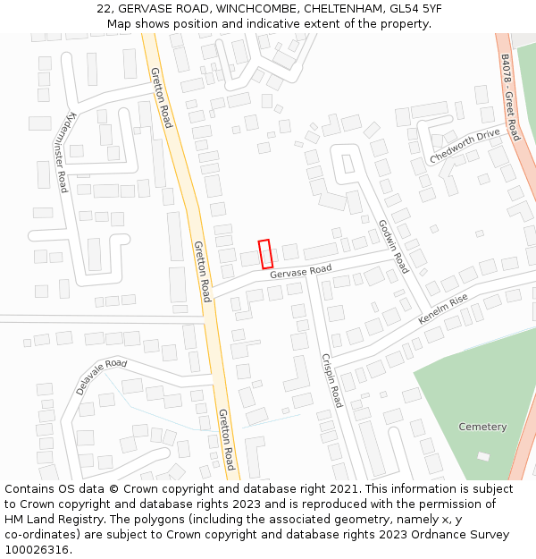 22, GERVASE ROAD, WINCHCOMBE, CHELTENHAM, GL54 5YF: Location map and indicative extent of plot