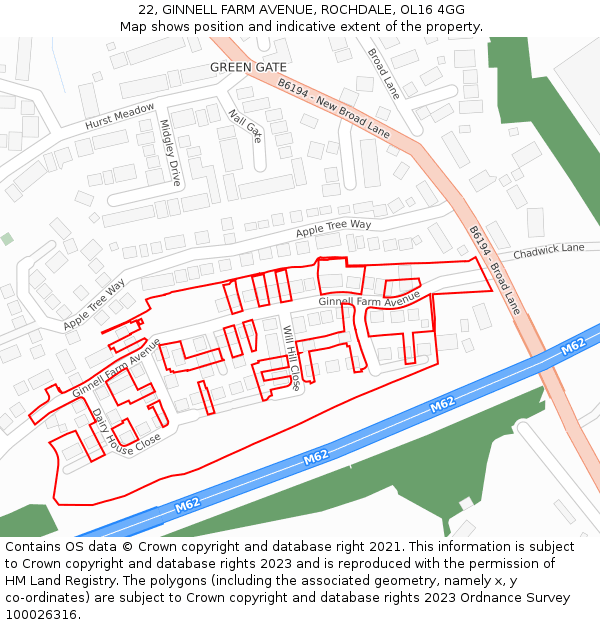 22, GINNELL FARM AVENUE, ROCHDALE, OL16 4GG: Location map and indicative extent of plot