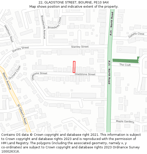 22, GLADSTONE STREET, BOURNE, PE10 9AX: Location map and indicative extent of plot