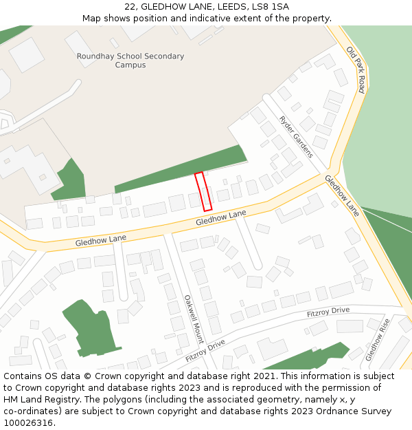 22, GLEDHOW LANE, LEEDS, LS8 1SA: Location map and indicative extent of plot