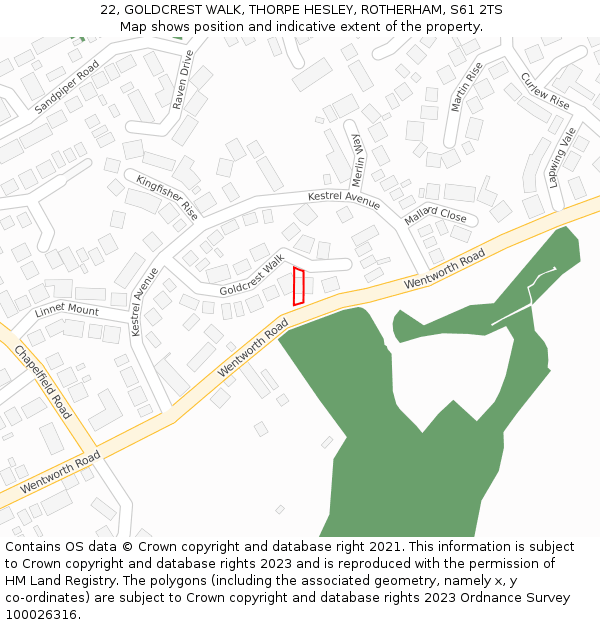 22, GOLDCREST WALK, THORPE HESLEY, ROTHERHAM, S61 2TS: Location map and indicative extent of plot