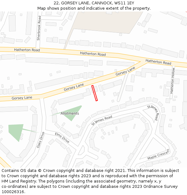22, GORSEY LANE, CANNOCK, WS11 1EY: Location map and indicative extent of plot