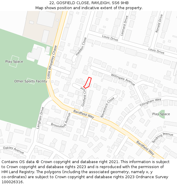 22, GOSFIELD CLOSE, RAYLEIGH, SS6 9HB: Location map and indicative extent of plot
