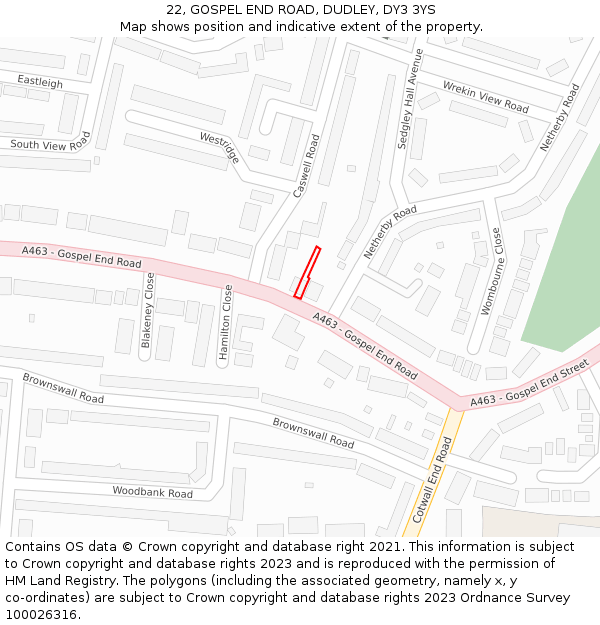 22, GOSPEL END ROAD, DUDLEY, DY3 3YS: Location map and indicative extent of plot