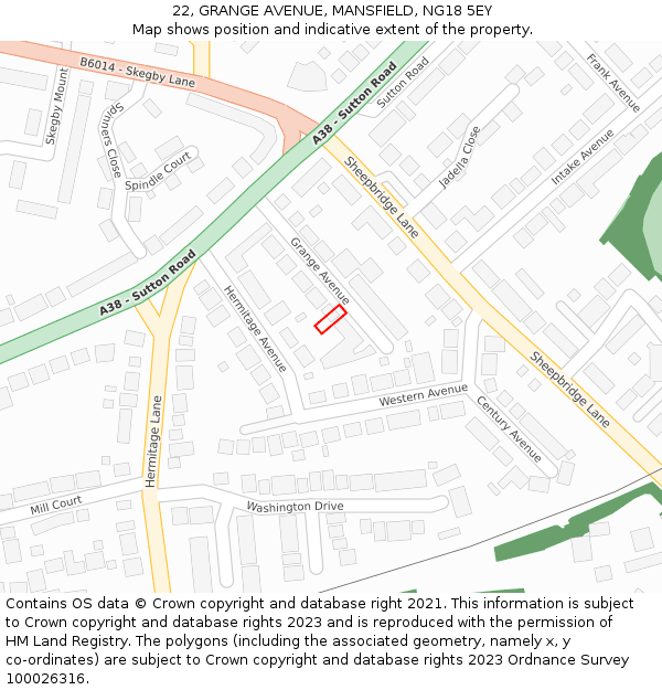 22, GRANGE AVENUE, MANSFIELD, NG18 5EY: Location map and indicative extent of plot