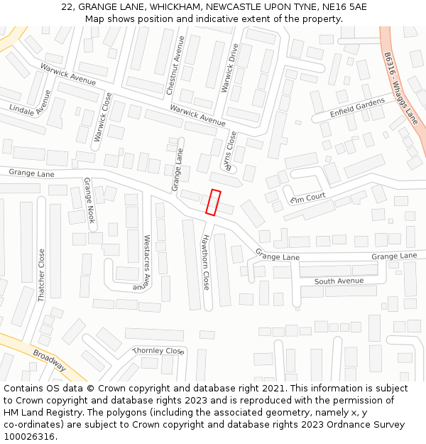 22, GRANGE LANE, WHICKHAM, NEWCASTLE UPON TYNE, NE16 5AE: Location map and indicative extent of plot