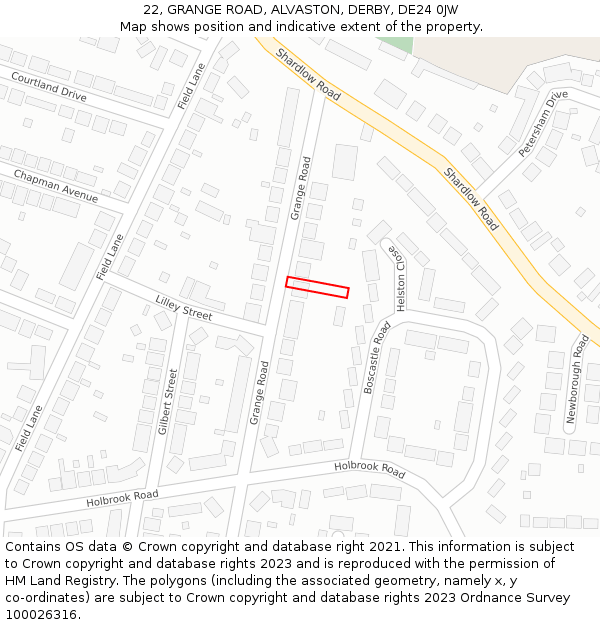 22, GRANGE ROAD, ALVASTON, DERBY, DE24 0JW: Location map and indicative extent of plot