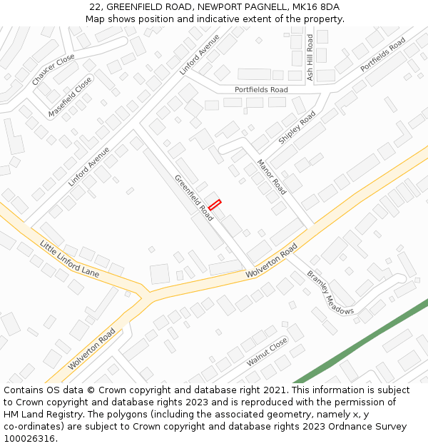 22, GREENFIELD ROAD, NEWPORT PAGNELL, MK16 8DA: Location map and indicative extent of plot