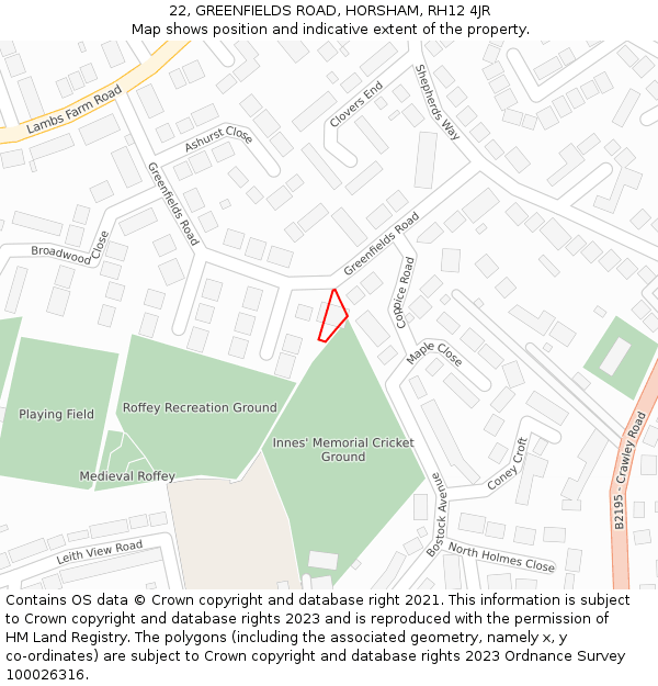 22, GREENFIELDS ROAD, HORSHAM, RH12 4JR: Location map and indicative extent of plot