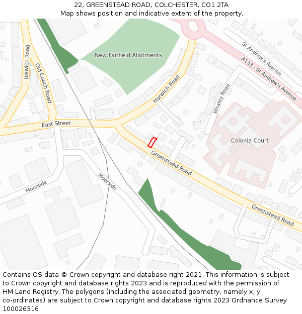 22, GREENSTEAD ROAD, COLCHESTER, CO1 2TA: Location map and indicative extent of plot