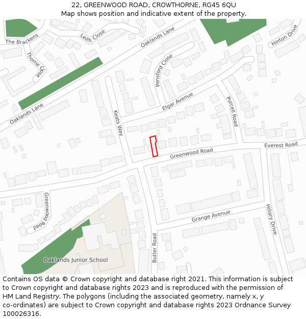 22, GREENWOOD ROAD, CROWTHORNE, RG45 6QU: Location map and indicative extent of plot