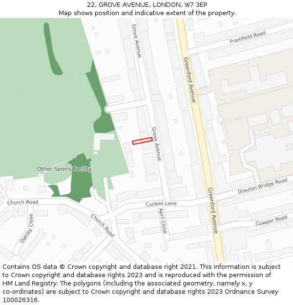 22, GROVE AVENUE, LONDON, W7 3EP: Location map and indicative extent of plot