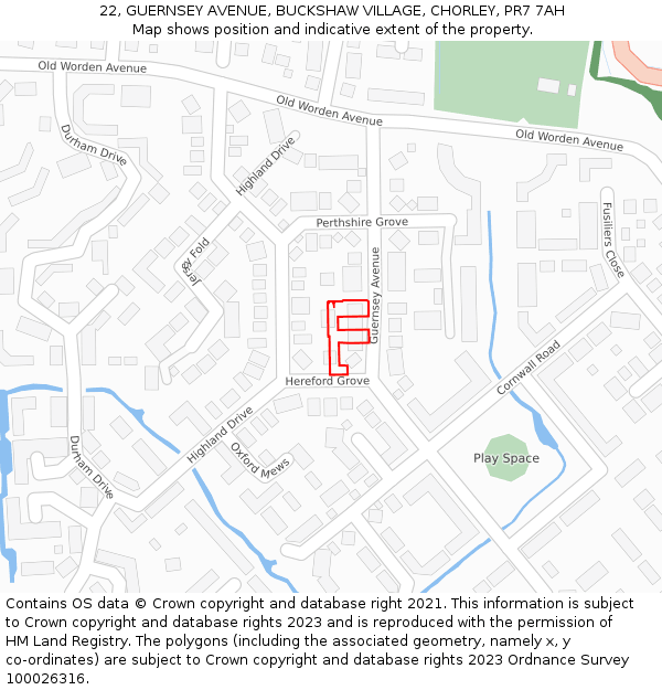 22, GUERNSEY AVENUE, BUCKSHAW VILLAGE, CHORLEY, PR7 7AH: Location map and indicative extent of plot