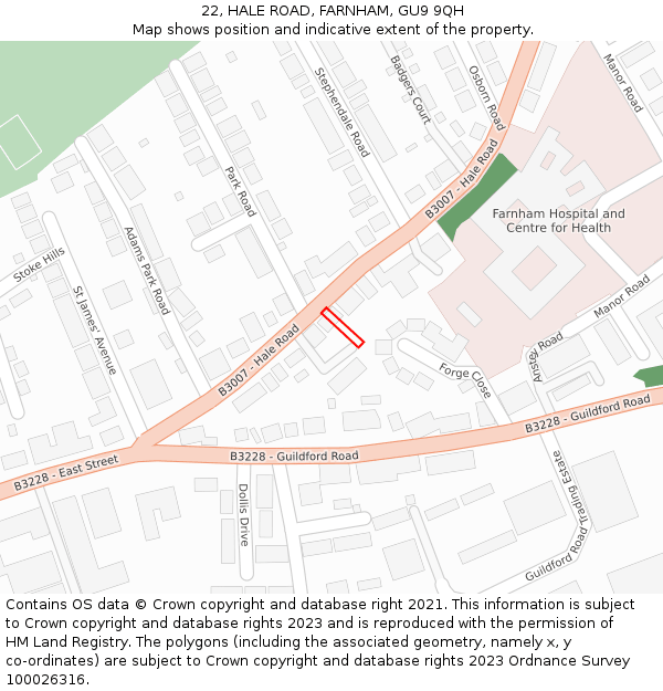 22, HALE ROAD, FARNHAM, GU9 9QH: Location map and indicative extent of plot