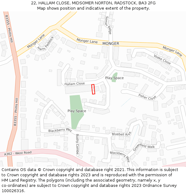 22, HALLAM CLOSE, MIDSOMER NORTON, RADSTOCK, BA3 2FG: Location map and indicative extent of plot