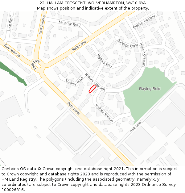 22, HALLAM CRESCENT, WOLVERHAMPTON, WV10 9YA: Location map and indicative extent of plot