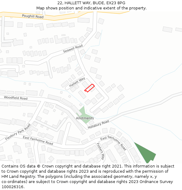 22, HALLETT WAY, BUDE, EX23 8PG: Location map and indicative extent of plot