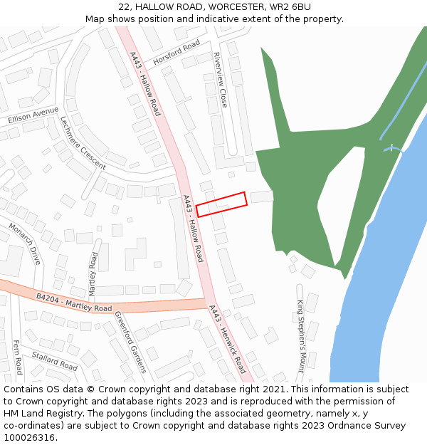 22, HALLOW ROAD, WORCESTER, WR2 6BU: Location map and indicative extent of plot