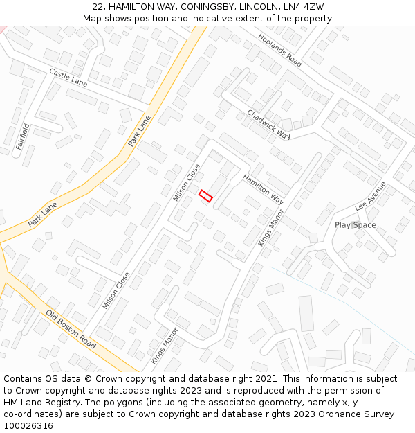 22, HAMILTON WAY, CONINGSBY, LINCOLN, LN4 4ZW: Location map and indicative extent of plot
