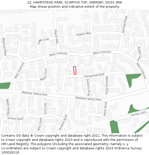 22, HAMPSTEAD PARK, SCARTHO TOP, GRIMSBY, DN33 3RW: Location map and indicative extent of plot