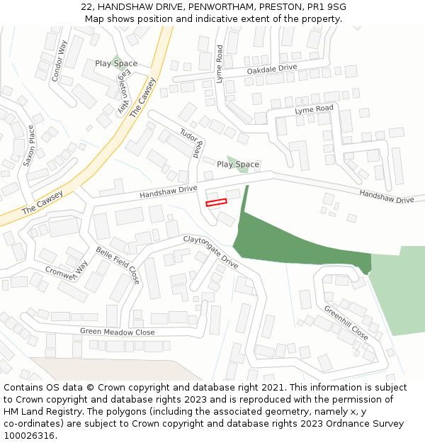 22, HANDSHAW DRIVE, PENWORTHAM, PRESTON, PR1 9SG: Location map and indicative extent of plot