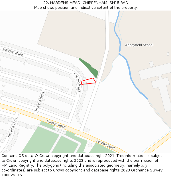22, HARDENS MEAD, CHIPPENHAM, SN15 3AD: Location map and indicative extent of plot