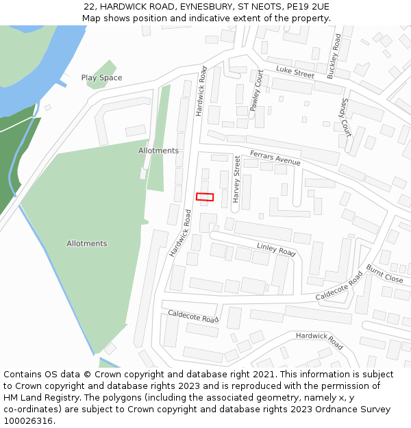 22, HARDWICK ROAD, EYNESBURY, ST NEOTS, PE19 2UE: Location map and indicative extent of plot