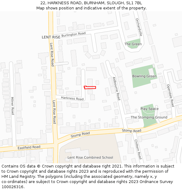 22, HARKNESS ROAD, BURNHAM, SLOUGH, SL1 7BL: Location map and indicative extent of plot