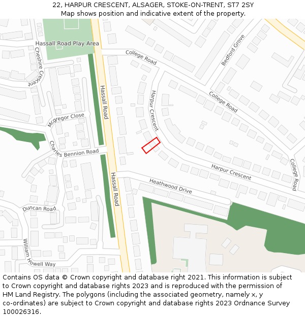 22, HARPUR CRESCENT, ALSAGER, STOKE-ON-TRENT, ST7 2SY: Location map and indicative extent of plot