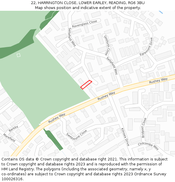 22, HARRINGTON CLOSE, LOWER EARLEY, READING, RG6 3BU: Location map and indicative extent of plot