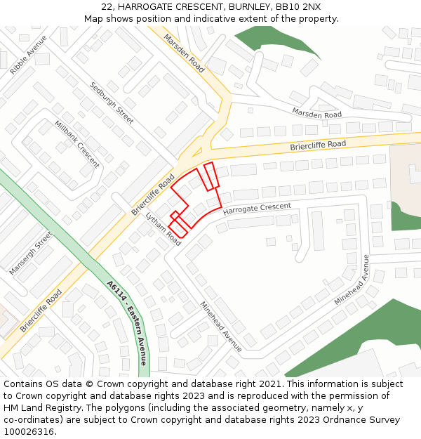 22, HARROGATE CRESCENT, BURNLEY, BB10 2NX: Location map and indicative extent of plot
